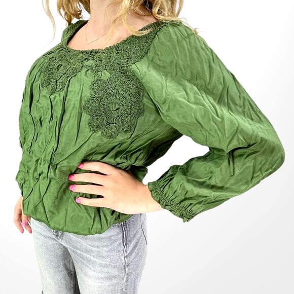 00s MAX STUDIO Vintage Green Embroidered Scoop Neck Blouse - Picture 2 of 5
